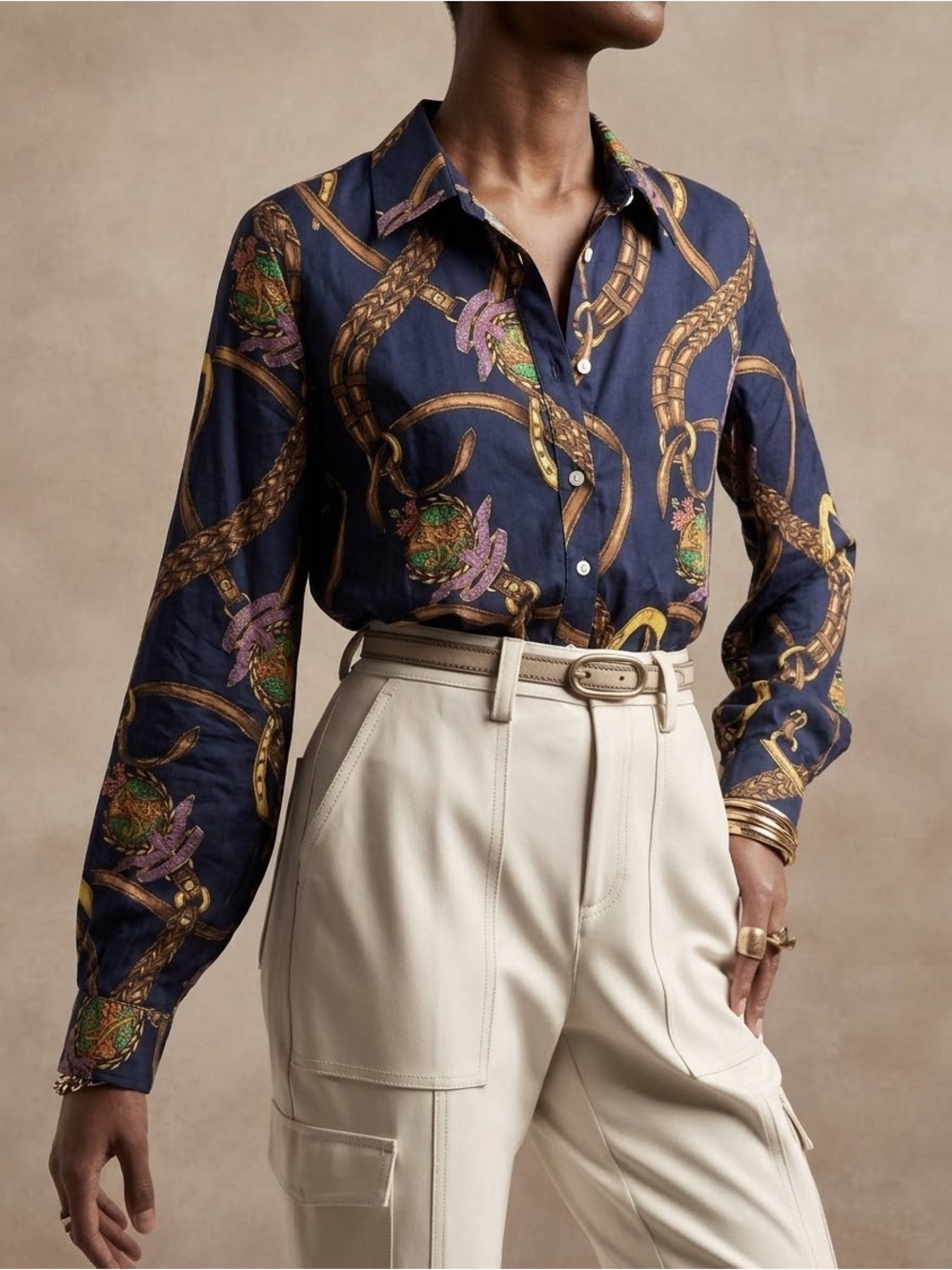 Ralph Lauren Women's Navy Chain-Print Button Front Blouse